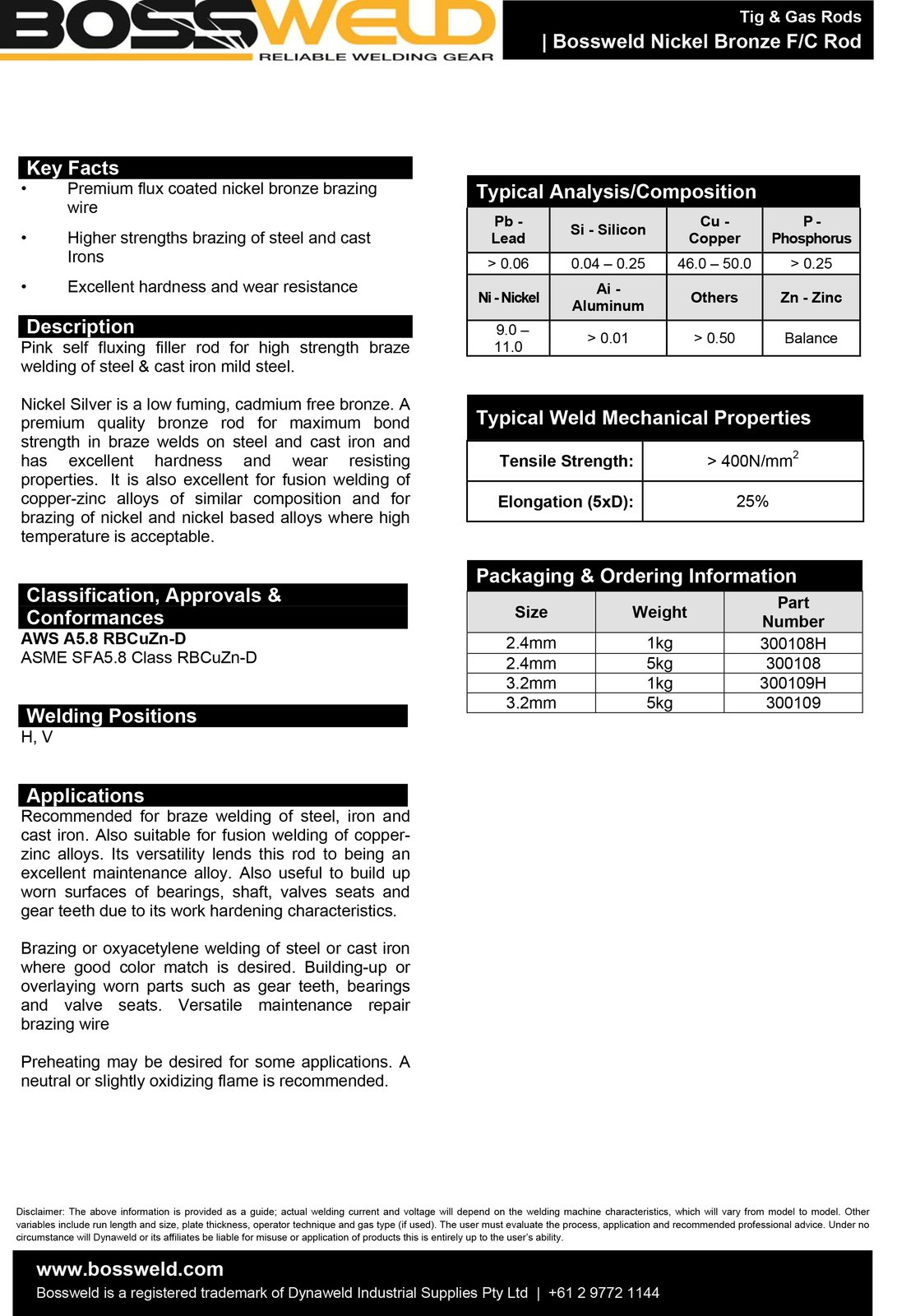 3.2mm x 5kg Nickel Bronze Flux Coated TIG / OXY Brazing Rods