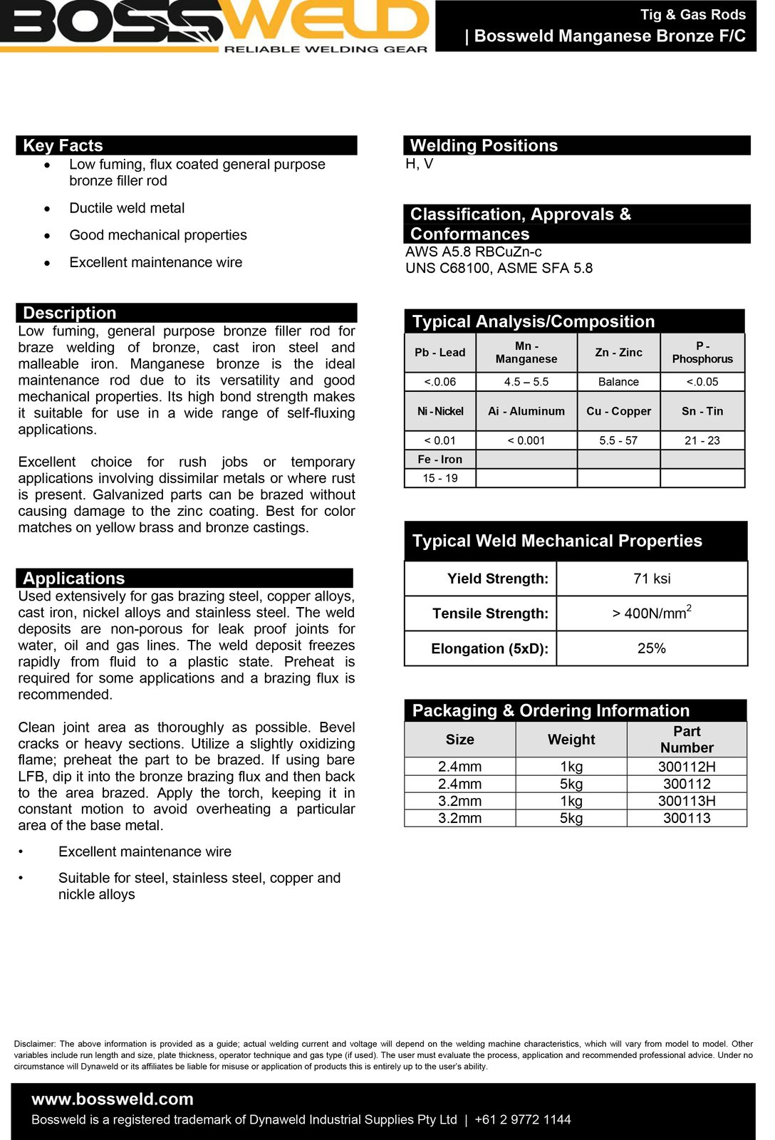 2.4mm x 5kg Manganese Bronze Flux coated TIG / OXY Brazing Rods