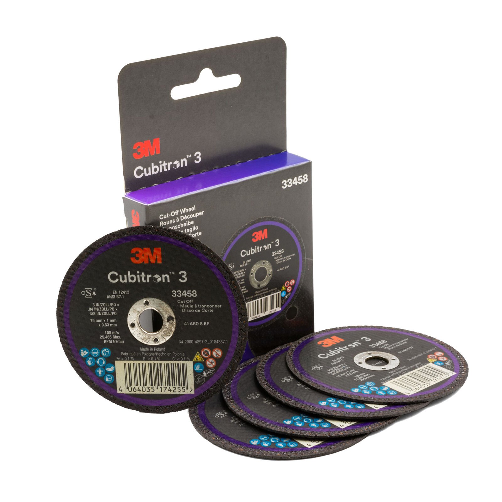 3M Cubitron 3 Cut-off Wheel 33458 75mm x 1.0mm x 9.53mm - 5 Each