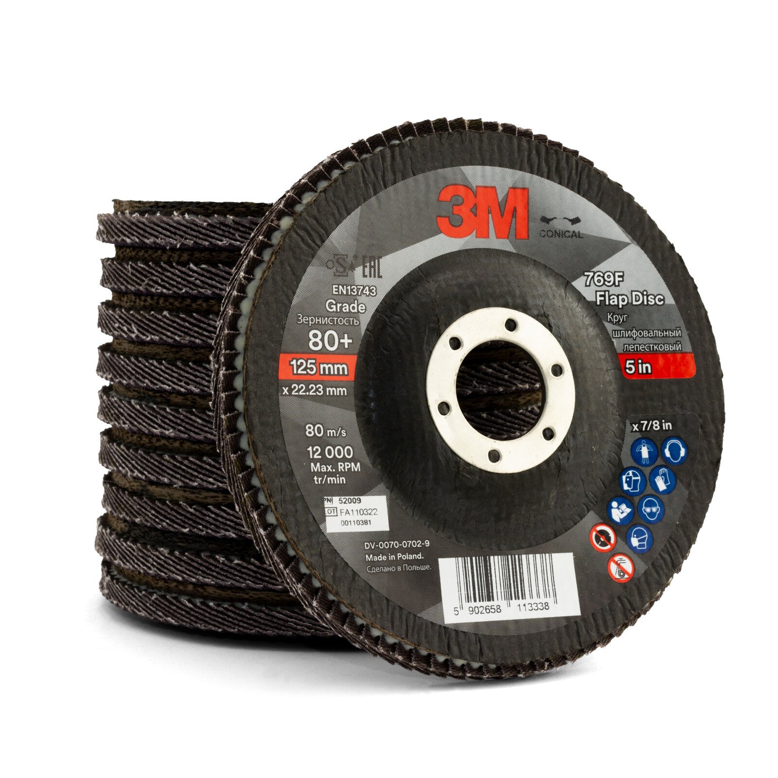 3M 769F 80 Grit 5" Flap Disc 125mm - 100 Each 52009