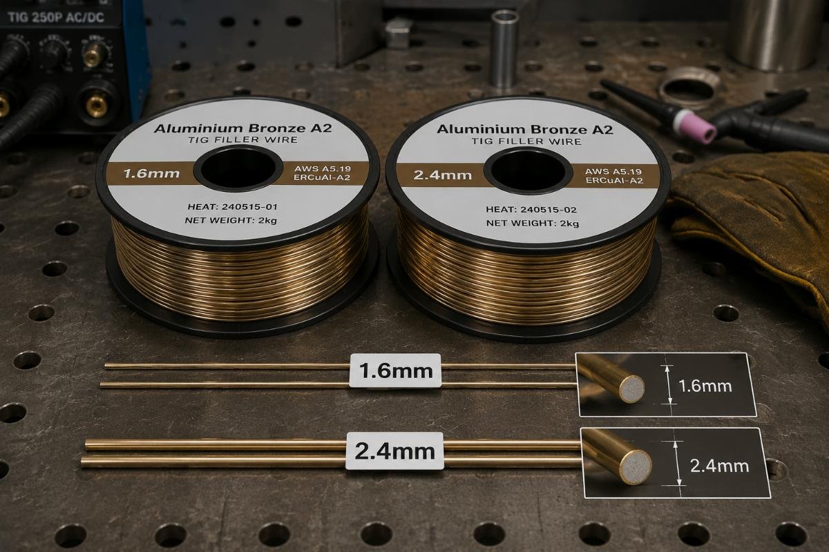 Two spools of 1.6mm and 2.4mm Aluminium Bronze A2 TIG filler wire laid out on a welding workbench