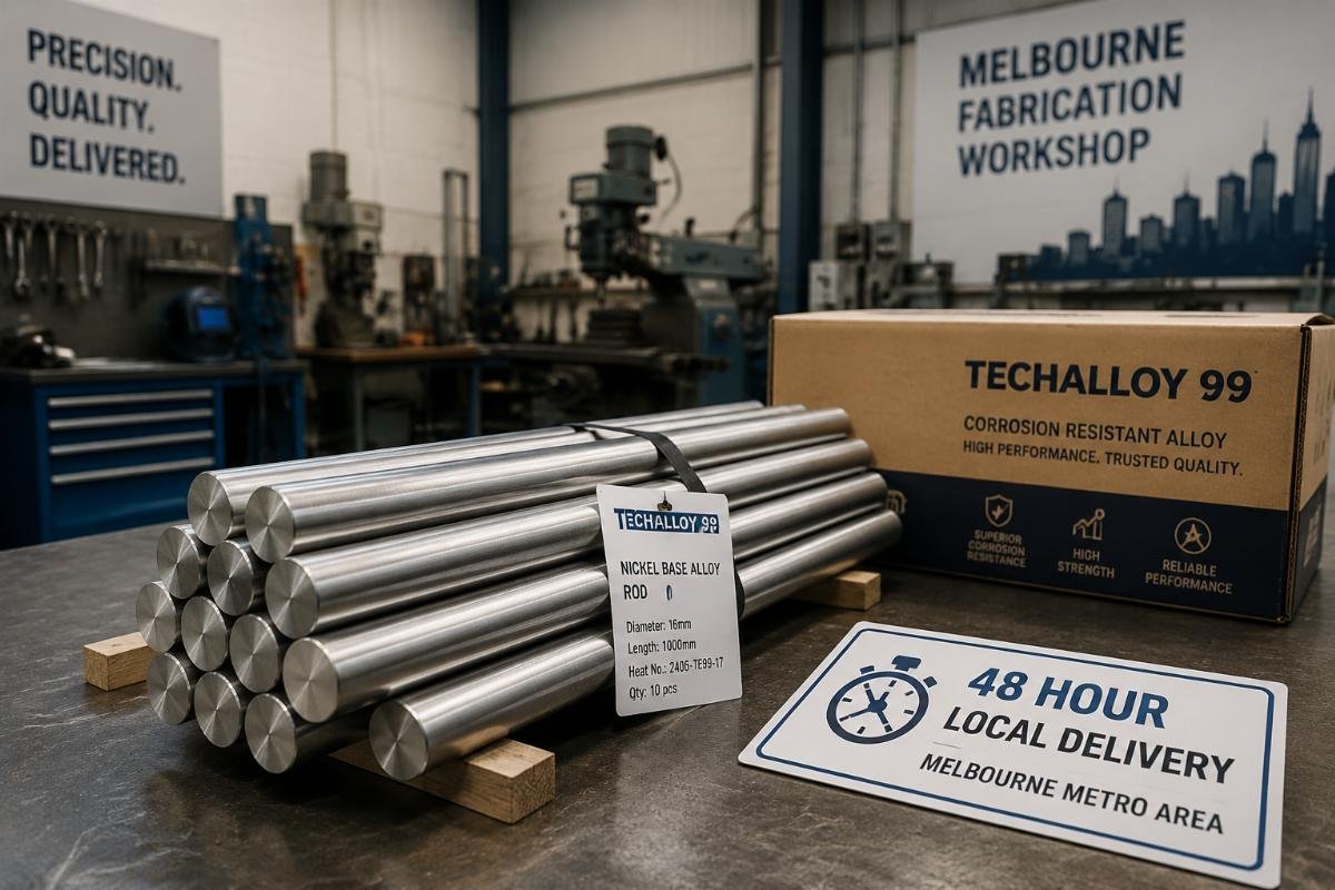 48 hour local delivery of Techalloy 99 rods for small custom repair jobs Small batch of Techalloy 99 rods delivered to a Melbourne fabrication workshop