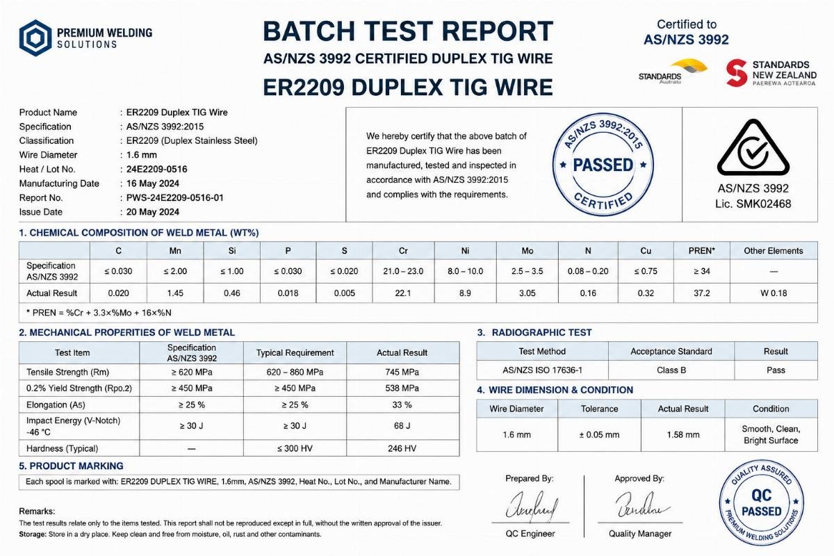 Batch test report documentation for ER2209 duplex TIG wire with AS/NZS certification stamps