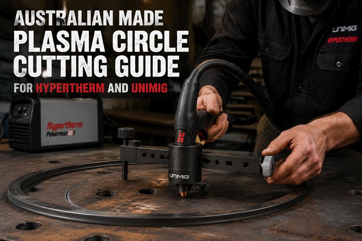 A tradesperson fitting an Australian made plasma circle cutting guide to a Hypertherm cutter on a steel workbench