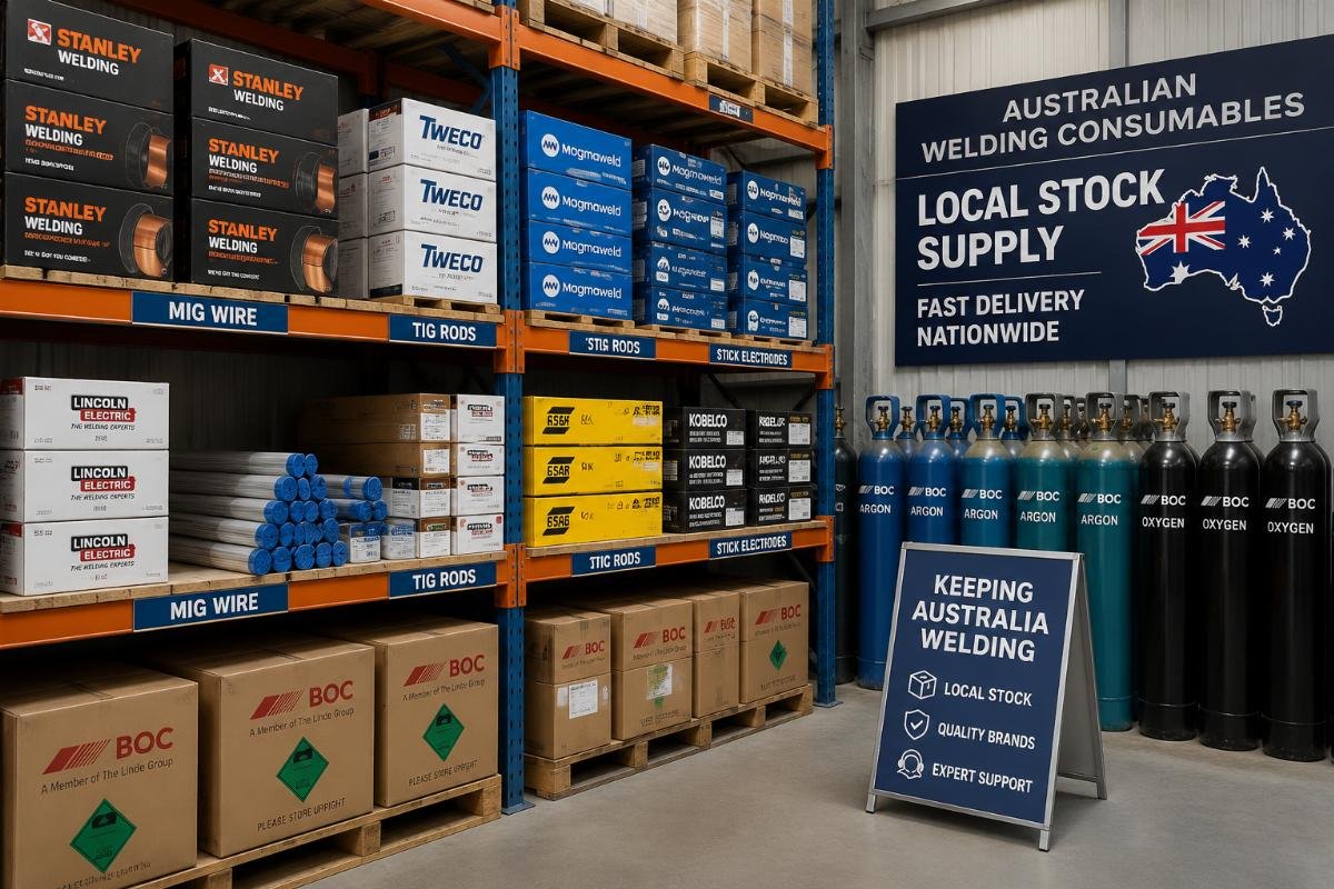 Local warehouse inventory shelves holding stacked boxes of welding consumables and gas cylinders