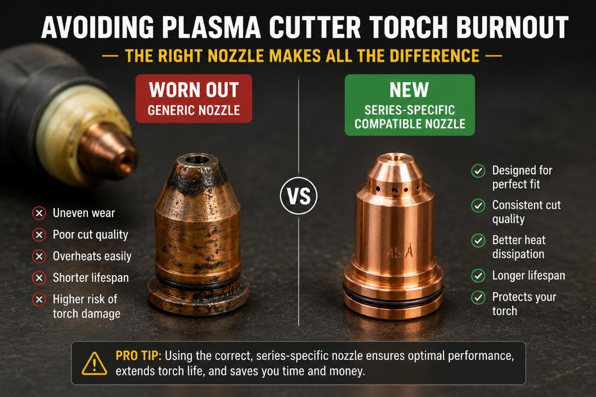 Avoiding plasma cutter torch burnout Worn out generic plasma cutter torch nozzle next to a new series-specific compatible nozzle