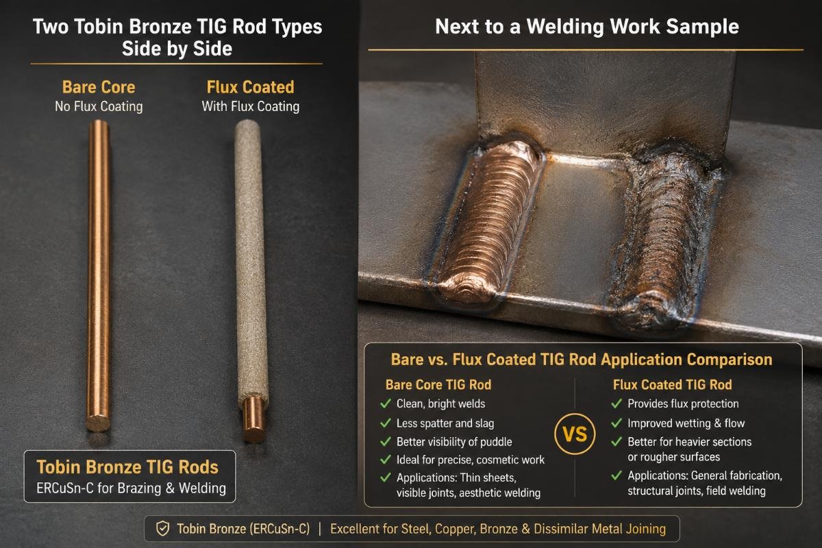 Bare and flux coated TIG rod application comparison Two Tobin Bronze TIG rod types side by side, one bare core and one with flux coating, next to a welding work sample