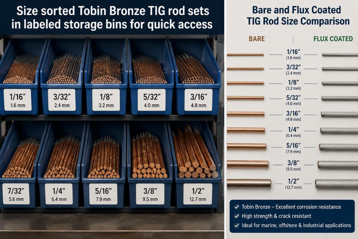 Bare and flux coated TIG rod size comparison Size sorted Tobin Bronze TIG rod sets in labeled storage bins for quick access
