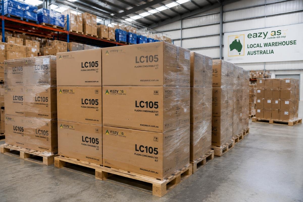 Bulk LC105 kits in Australian local warehouse Bulk stacked boxes of plasma consumable kits in an Australian warehouse facility