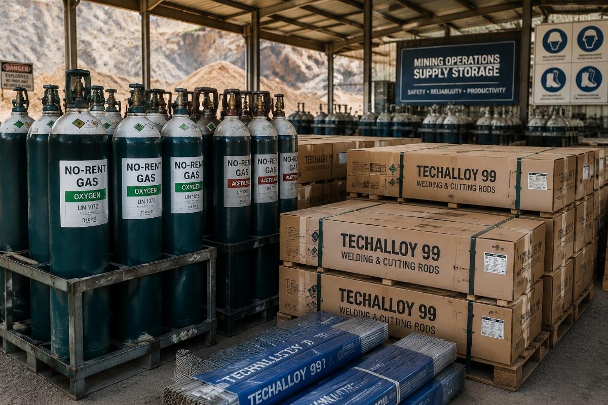 Bulk Techalloy 99 stock paired with no-rent gas supply for mining operations No-rent gas cylinders stacked next to bulk boxes of Techalloy 99 rods in a mining site storage facility