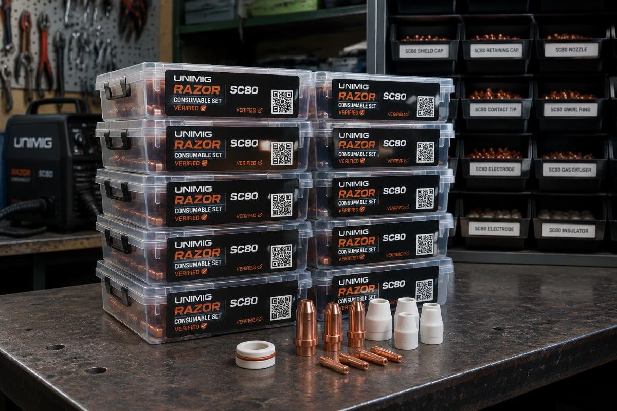 bulk UNIMIG Razor SC80 consumable storage Stack of validated UNIMIG Razor SC80 consumable sets on a workshop workbench