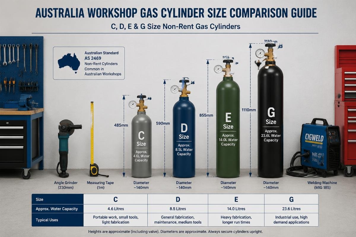 C D E G size no rent gas bottles for Australia workshops A size comparison guide showing C, D, E and G gas cylinders next to common workshop tools for scale