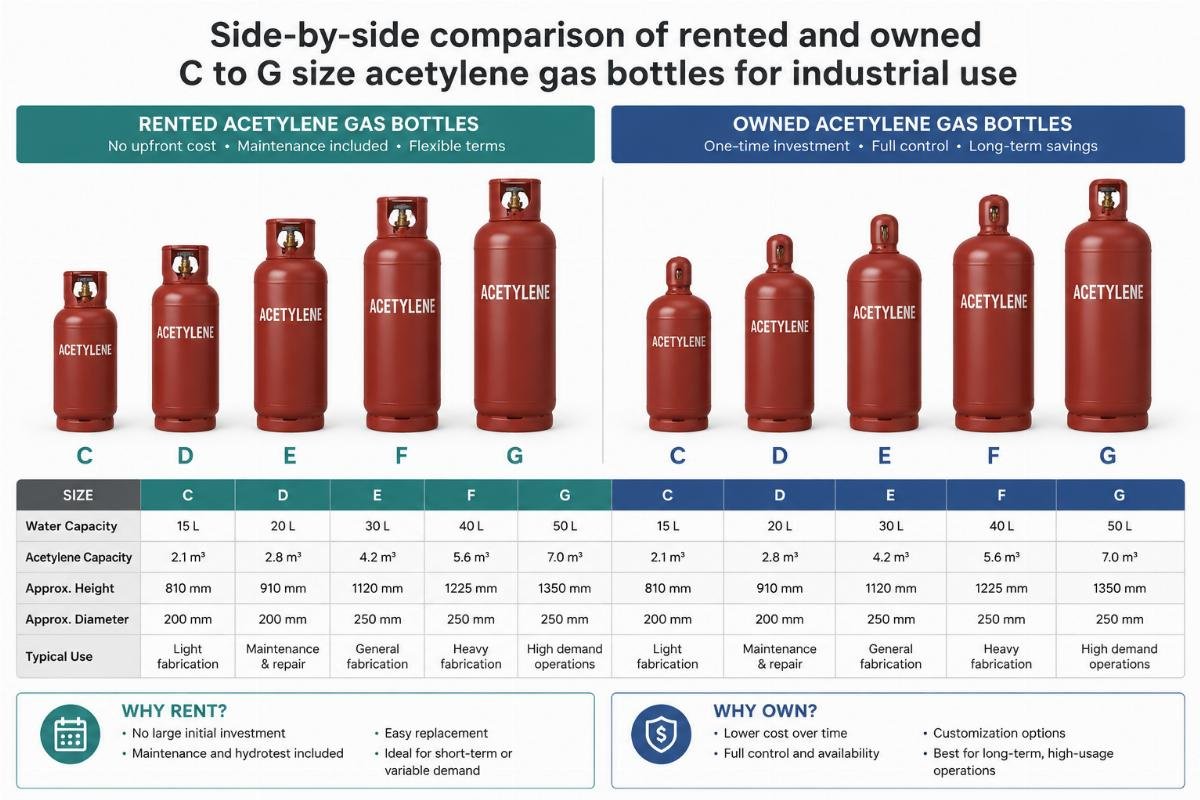 Side-by-side comparison of rented and owned C to G size acetylene gas bottles for industrial use
