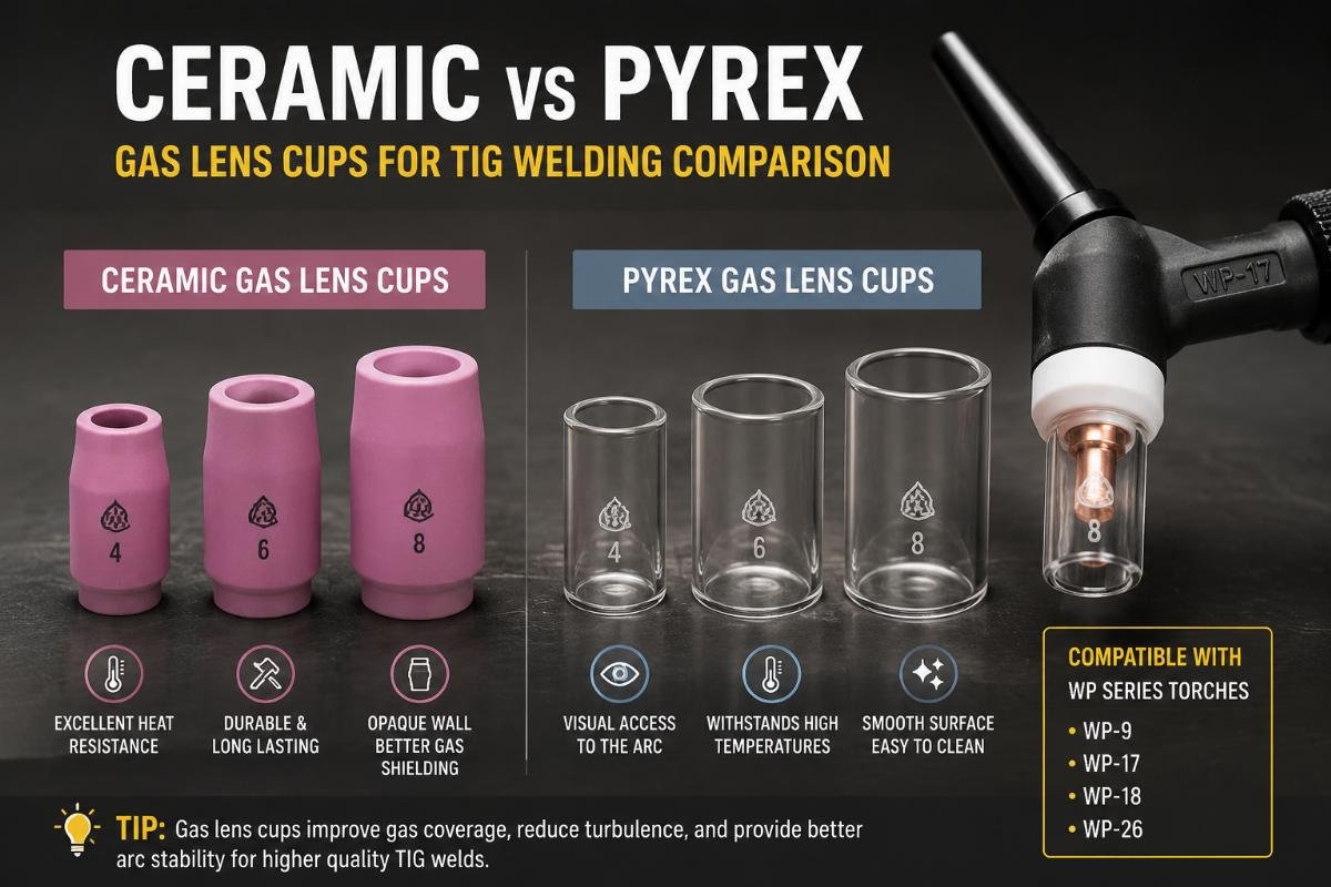 Comparison of ceramic and Pyrex gas lens cups next to a standard WP series TIG torch
