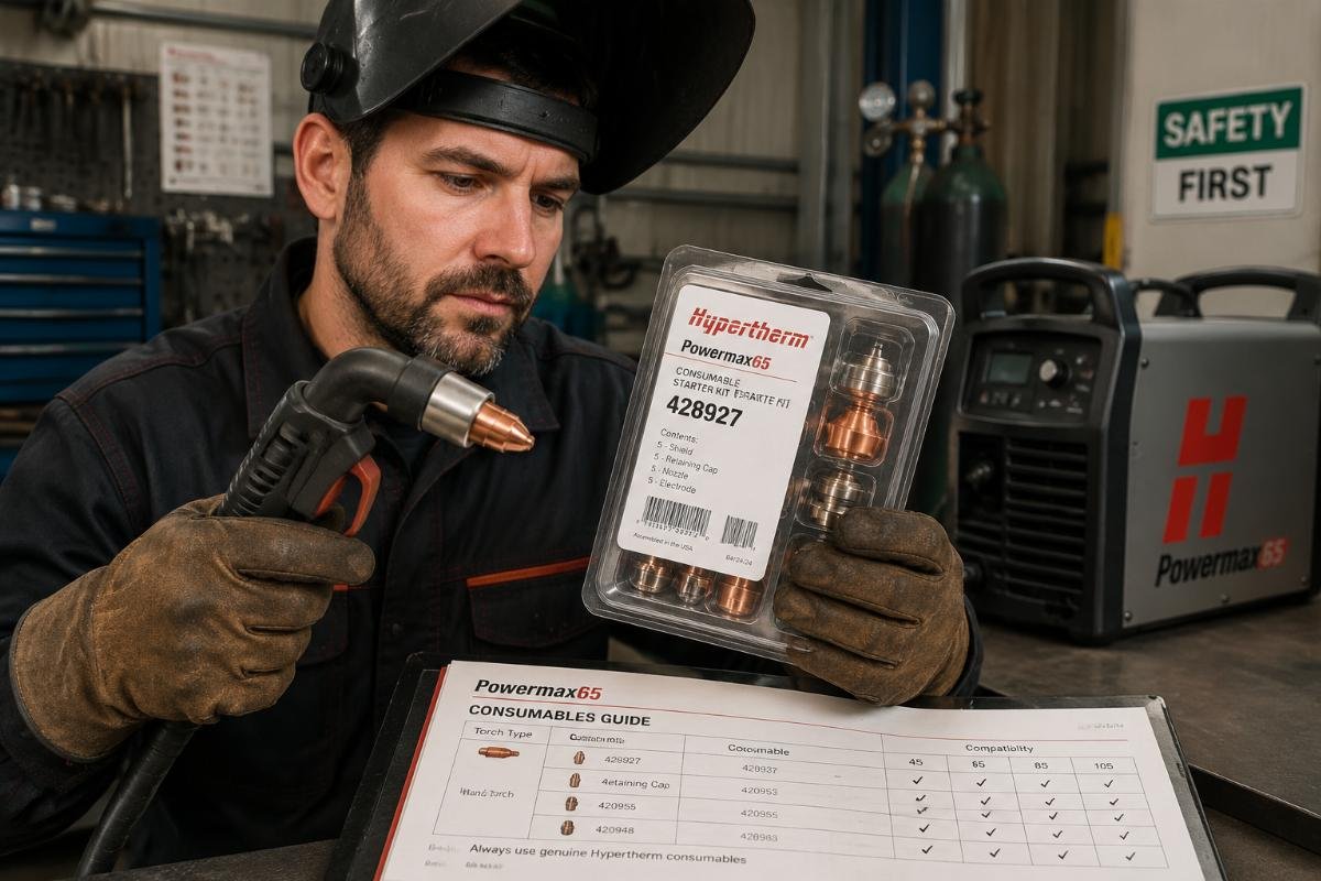 Check compatibility for plasma cutter consumables A welding technician holding a plasma torch and checking the part number on a new consumable pack
