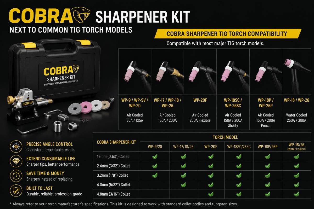 COBRA sharpener TIG torch compatibility COBRA sharpener kit next to common TIG torch models