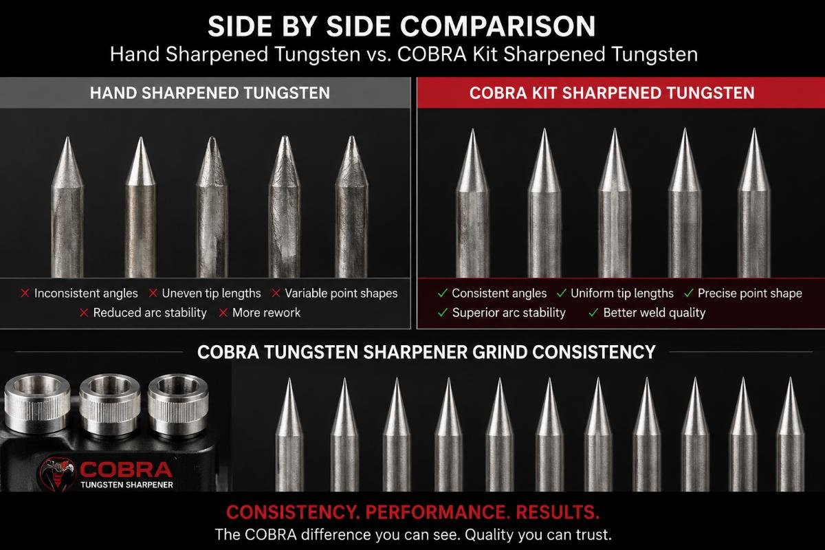 Side by side comparison of hand sharpened tungsten and COBRA kit sharpened tungsten electrodes