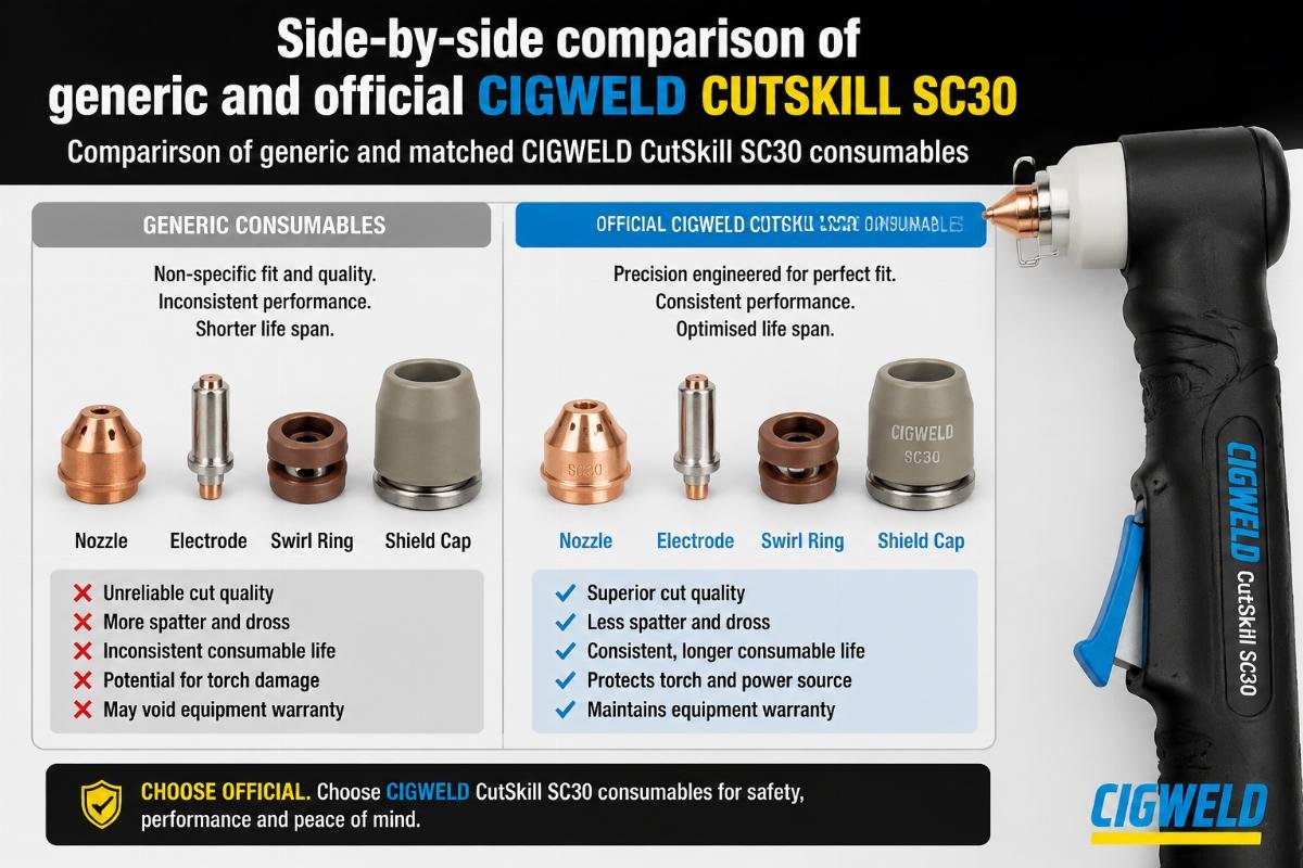 Side-by-side comparison of generic and official Cigweld CutSkill SC30 consumables next to a plasma torch