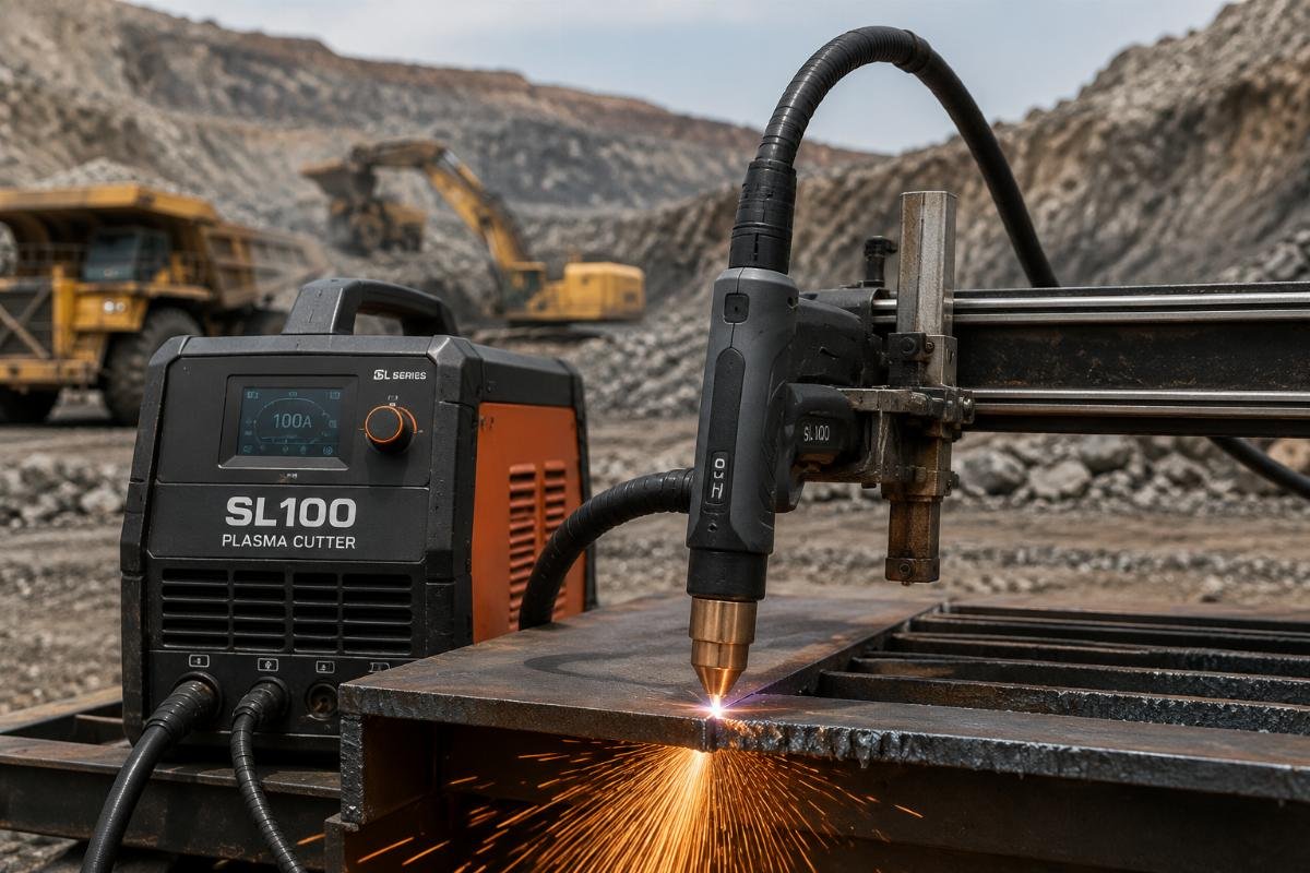 Compatible plasma cutter torch on heavy duty worksite Compatible SL series plasma cutter torch mounted on a mining site plasma cutting unit