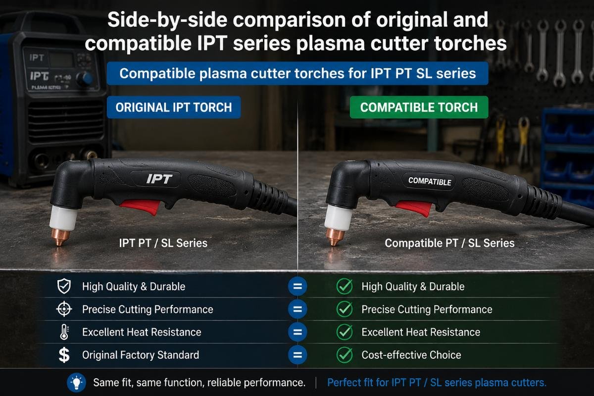 Side-by-side comparison of original and compatible IPT series plasma cutter torches on a workshop workbench