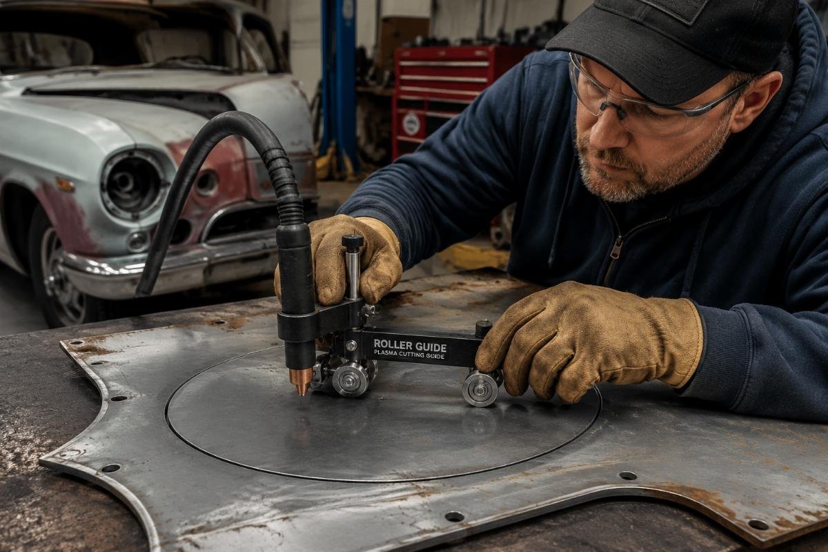 compatible plasma torch roller guide fit check Hobbyist working on a car restoration part, using a roller guide to cut a precision circular shape