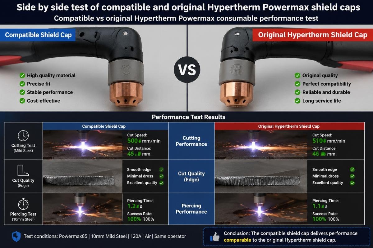 Compatible vs original Hypertherm Powermax consumable performance test Side by side test of compatible and original Hypertherm Powermax shield caps on a welding torch