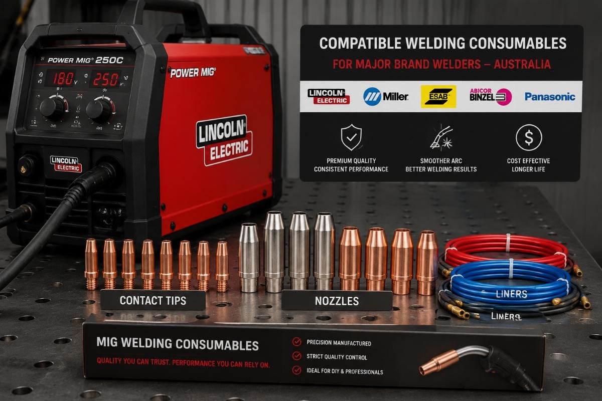 Compatible welding consumables for major brand welders Australia A set of compatible welding consumables including contact tips, nozzles and liners laid out next to a Lincoln MIG welder