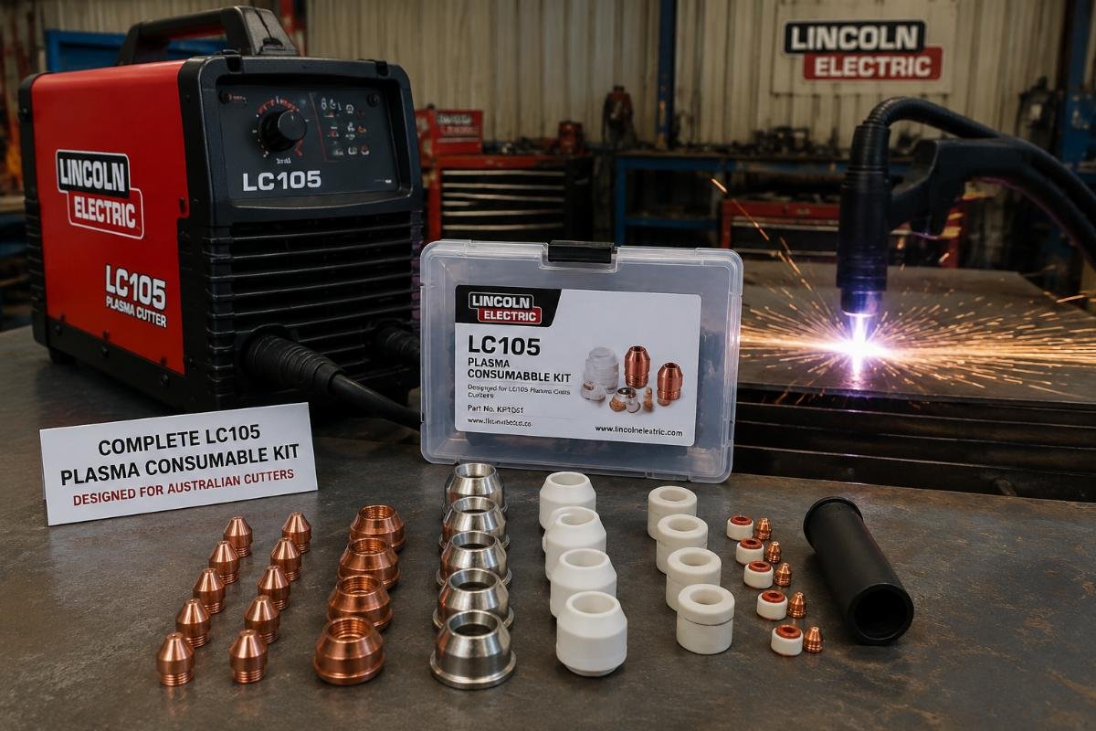 A complete set of Lincoln LC105 plasma consumables laid out next to a working plasma cutter in an industrial workshop setting