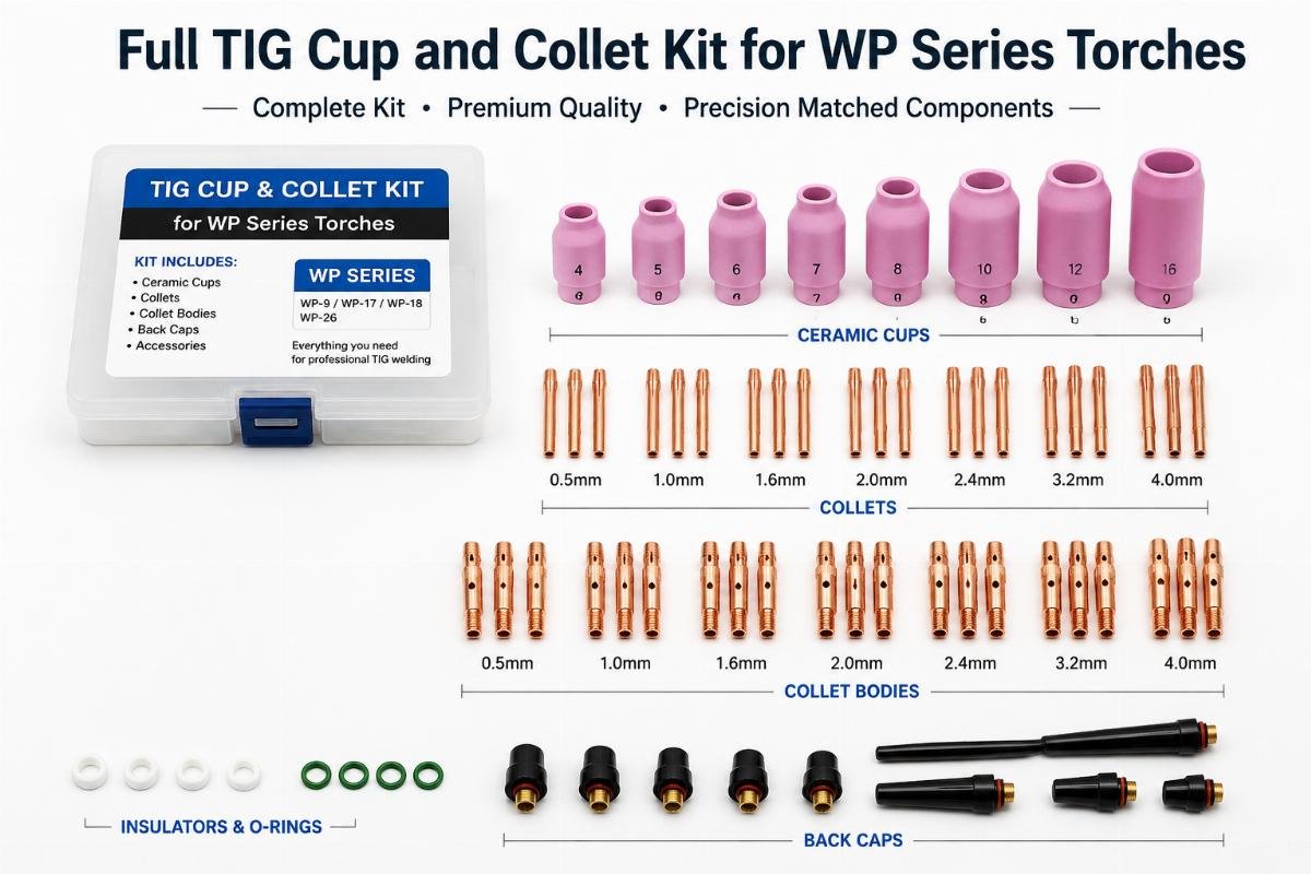 Complete TIG cup and collet kit for WP series torches Full TIG cup and collet kit laid out with matched components for WP series torches