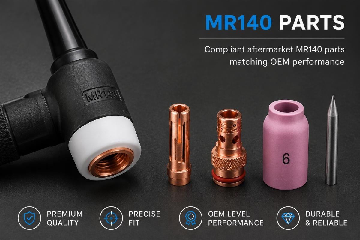 Compliant aftermarket MR140 parts matching OEM performance Close up of a MR140 torch head next to compatible collet and tungsten parts
