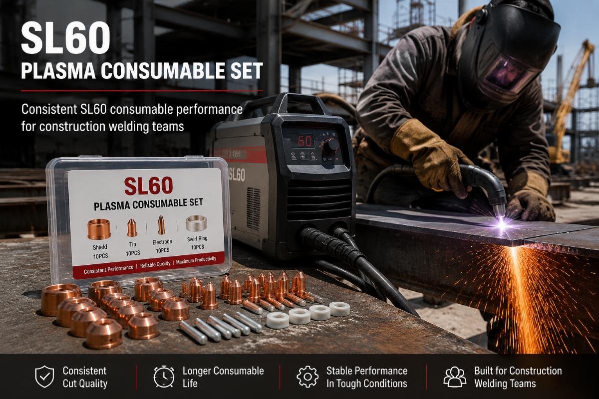 Consistent SL60 consumable performance for construction welding teams SL60 plasma consumable set next to a working plasma cutter on a construction site
