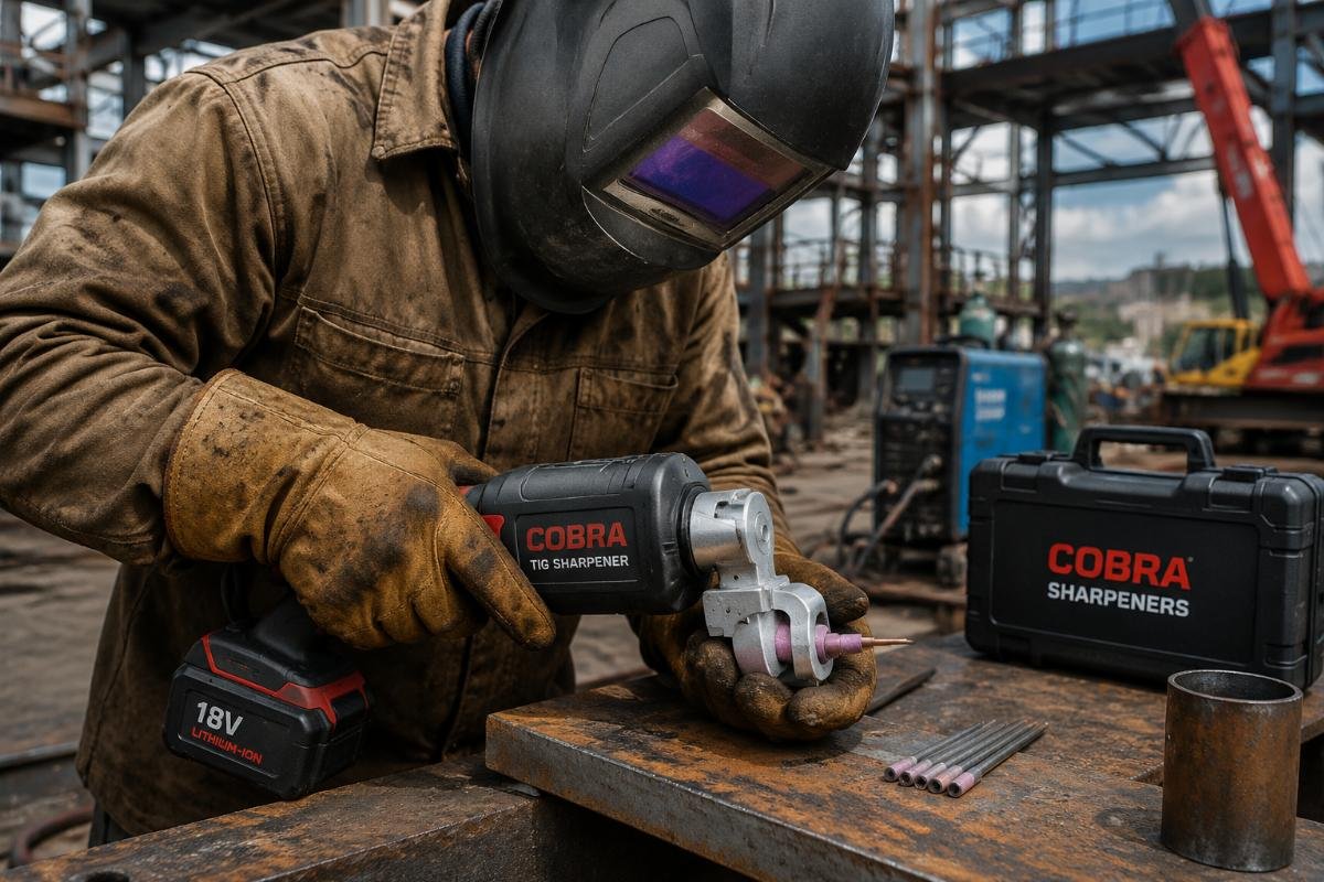 cordless TIG sharpener on site use Welder using cordless COBRA sharpener on a job site