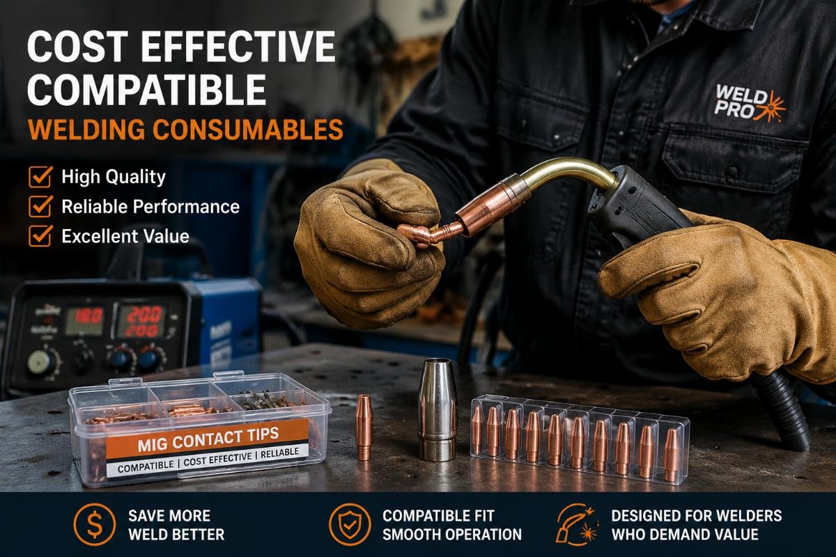Cost effective compatible welding consumables Welding technician swapping compatible contact tip on MIG torch in workshop