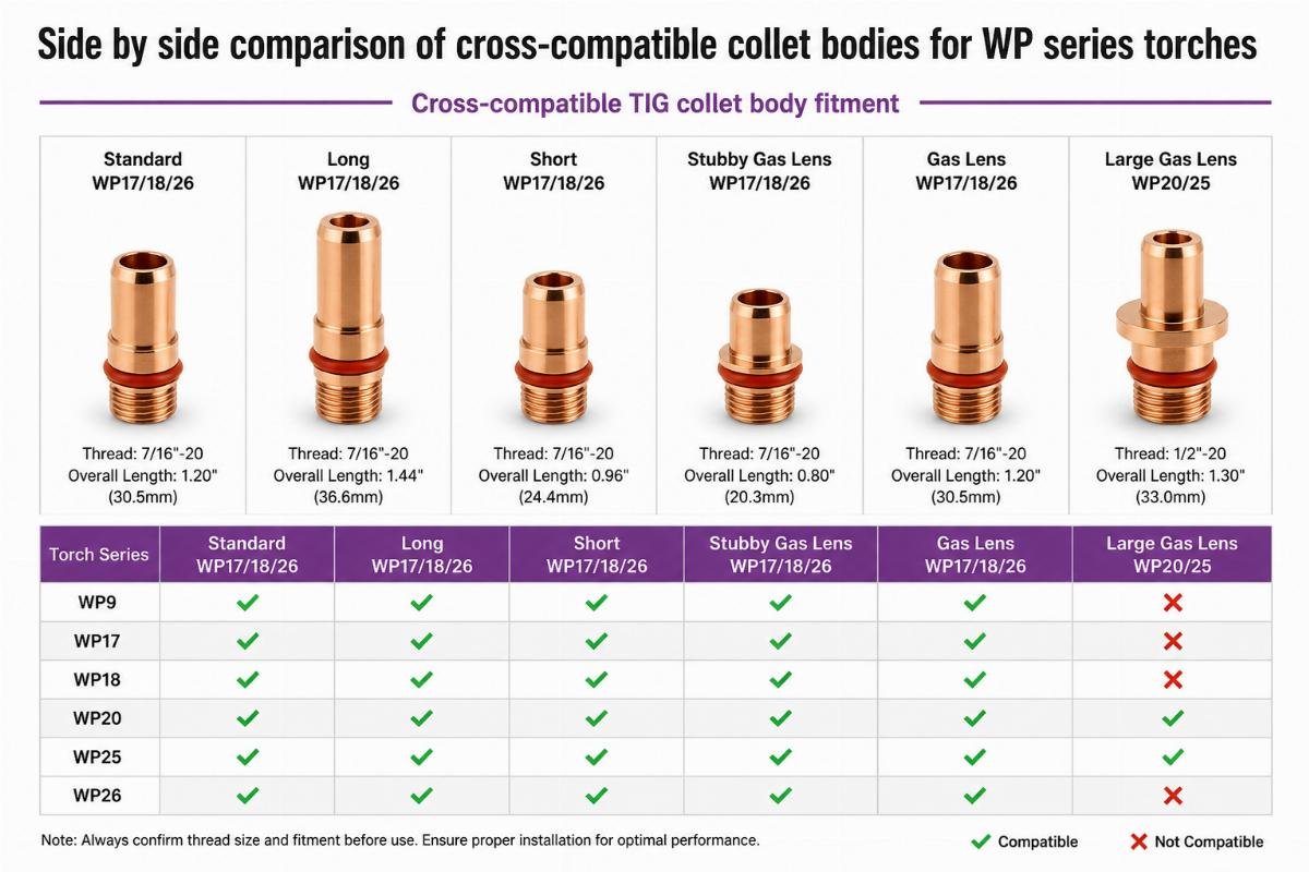 Cross-compatible TIG collet body fitment Side by side comparison of cross-compatible collet bodies for WP series torches