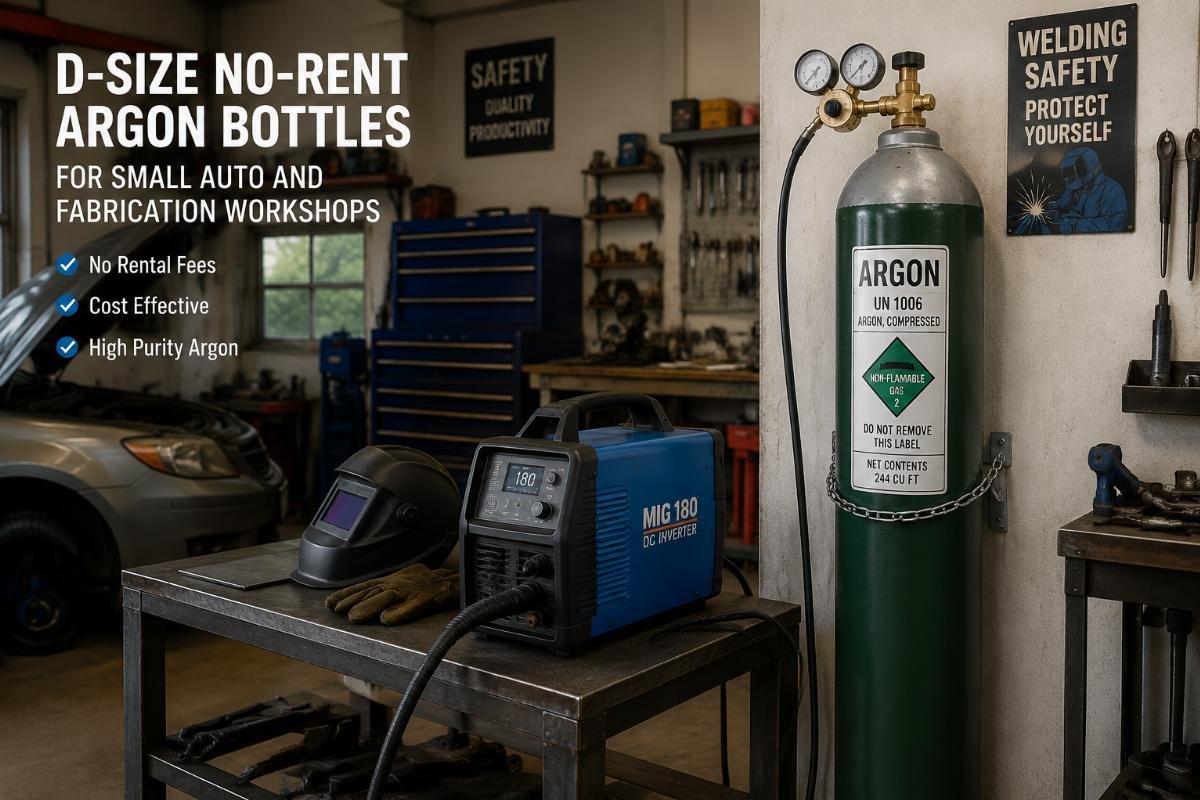 D-size no-rent argon bottles for small auto and fabrication workshops A small auto workshop with a D-size argon bottle connected to a benchtop MIG welder