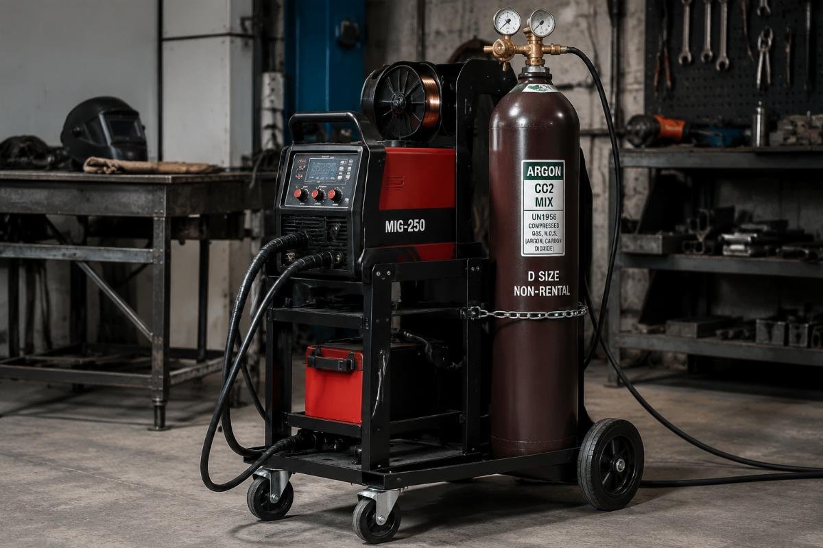 D size no-rent gas bottle for MIG welding mobile work A D size argon CO2 mix gas bottle mounted to a mobile MIG welding cart