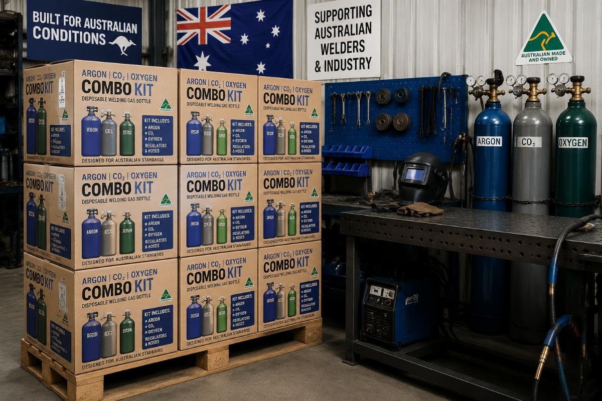 A stack of labeled disposable argon CO2 oxygen combo kits next to a welding workstation in an Australian workshop
