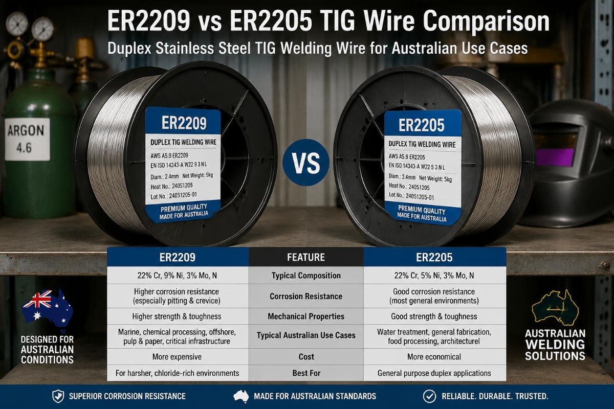 Side by side comparison of ER2209 and ER2205 duplex TIG wire spools on a workshop shelf