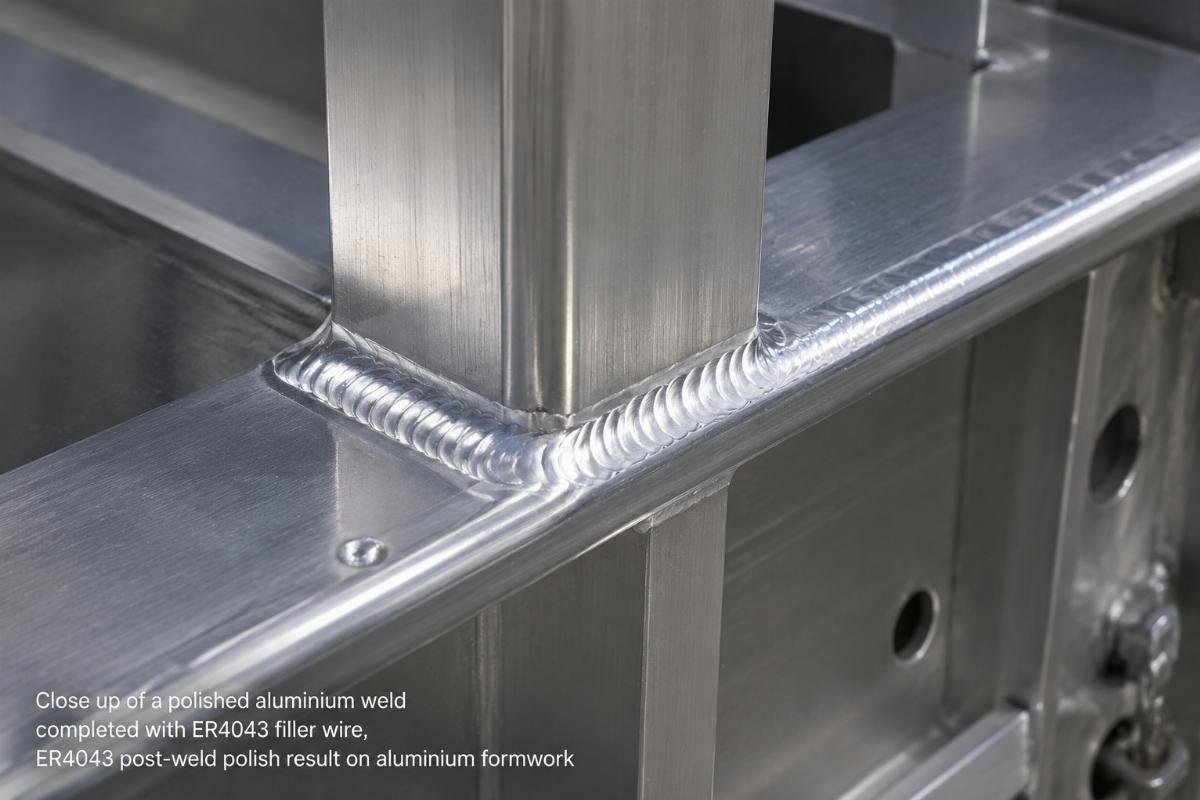 ER4043 post-weld polish result on aluminium formwork Close up of a polished aluminium weld completed with ER4043 filler wire