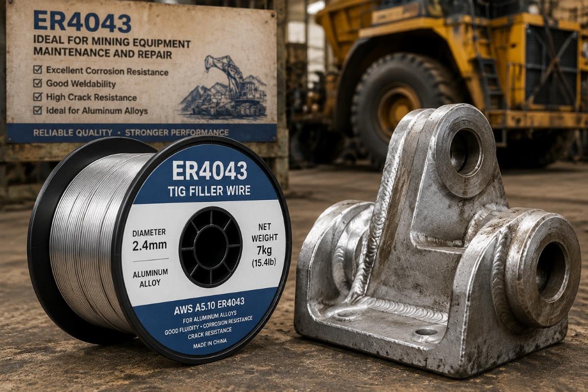ER4043 use for mining equipment maintenance 2.4mm diameter ER4043 TIG filler wire spool next to a mining equipment repair part