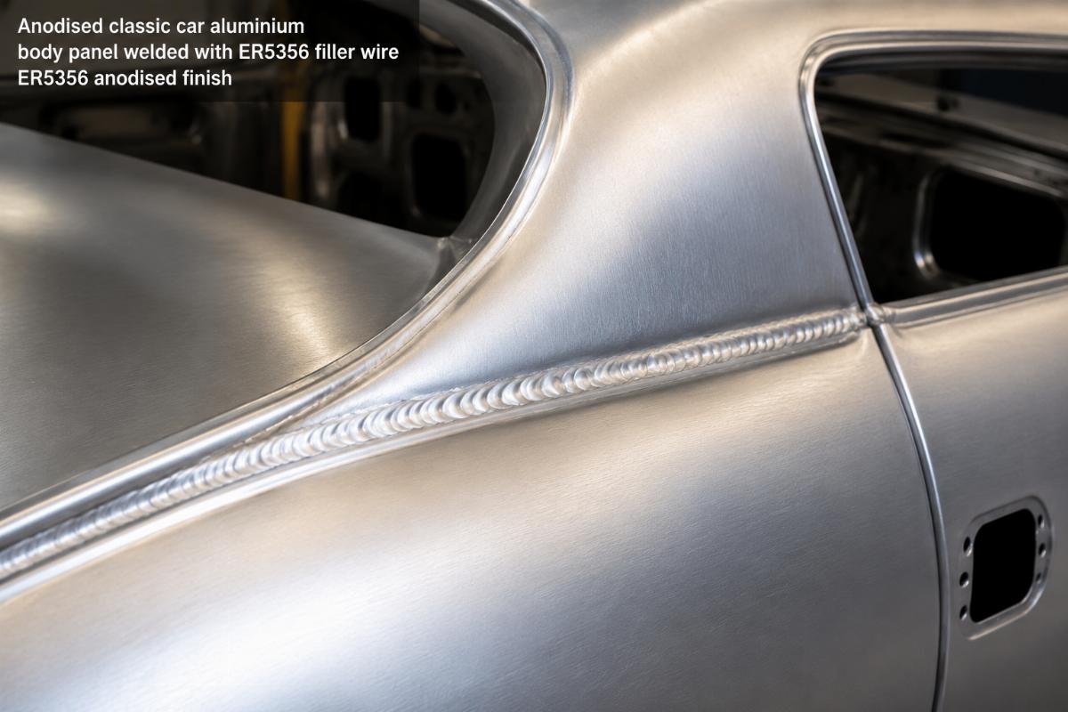 ER5356 anodised finish on classic car body panel Anodised classic car aluminium body panel welded with ER5356 filler wire