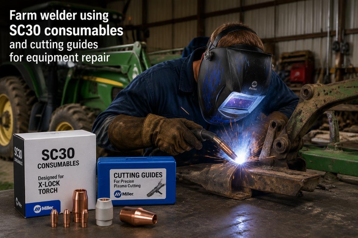 Farm welder using SC30 consumables for repair work Farm welder using SC30 consumables and cutting guides for equipment repair