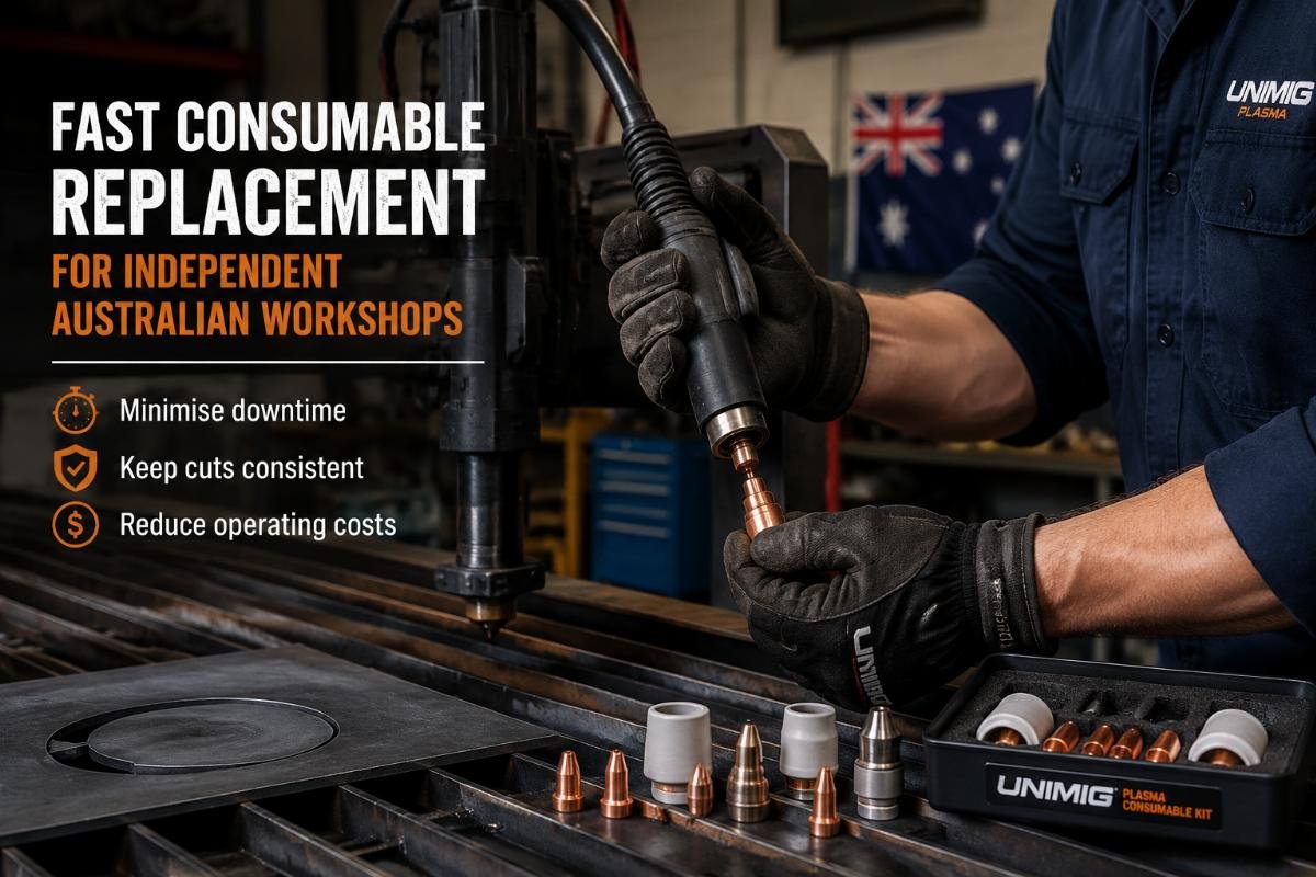 Fast consumable replacement for independent Australian workshops Technician replacing plasma consumable parts on a workshop cutting table