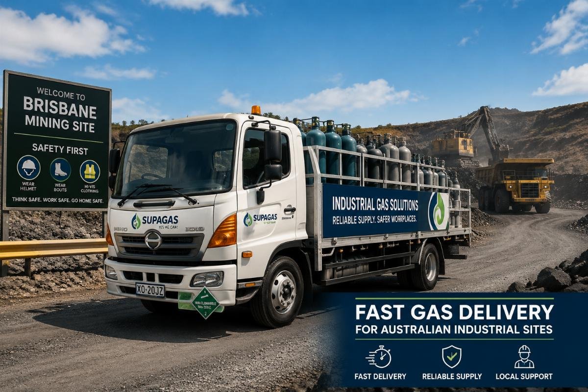 Fast gas delivery for Australian industrial sites Industrial gas cylinder delivery truck arriving at Brisbane mining site