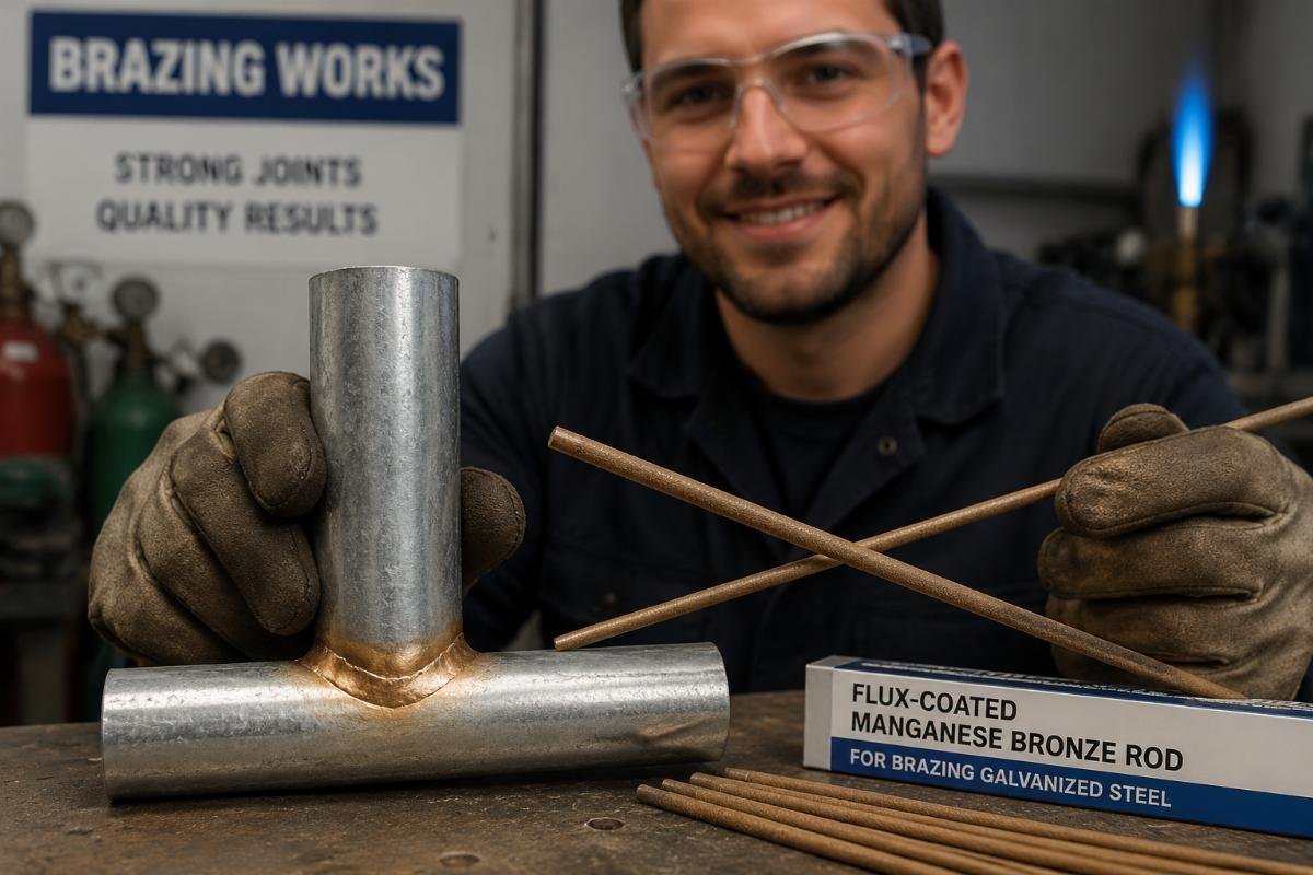 Flux-coated manganese bronze rod brazed joint on galvanized steel Workshop technician holding a finished brazed joint made with flux-coated manganese bronze rod