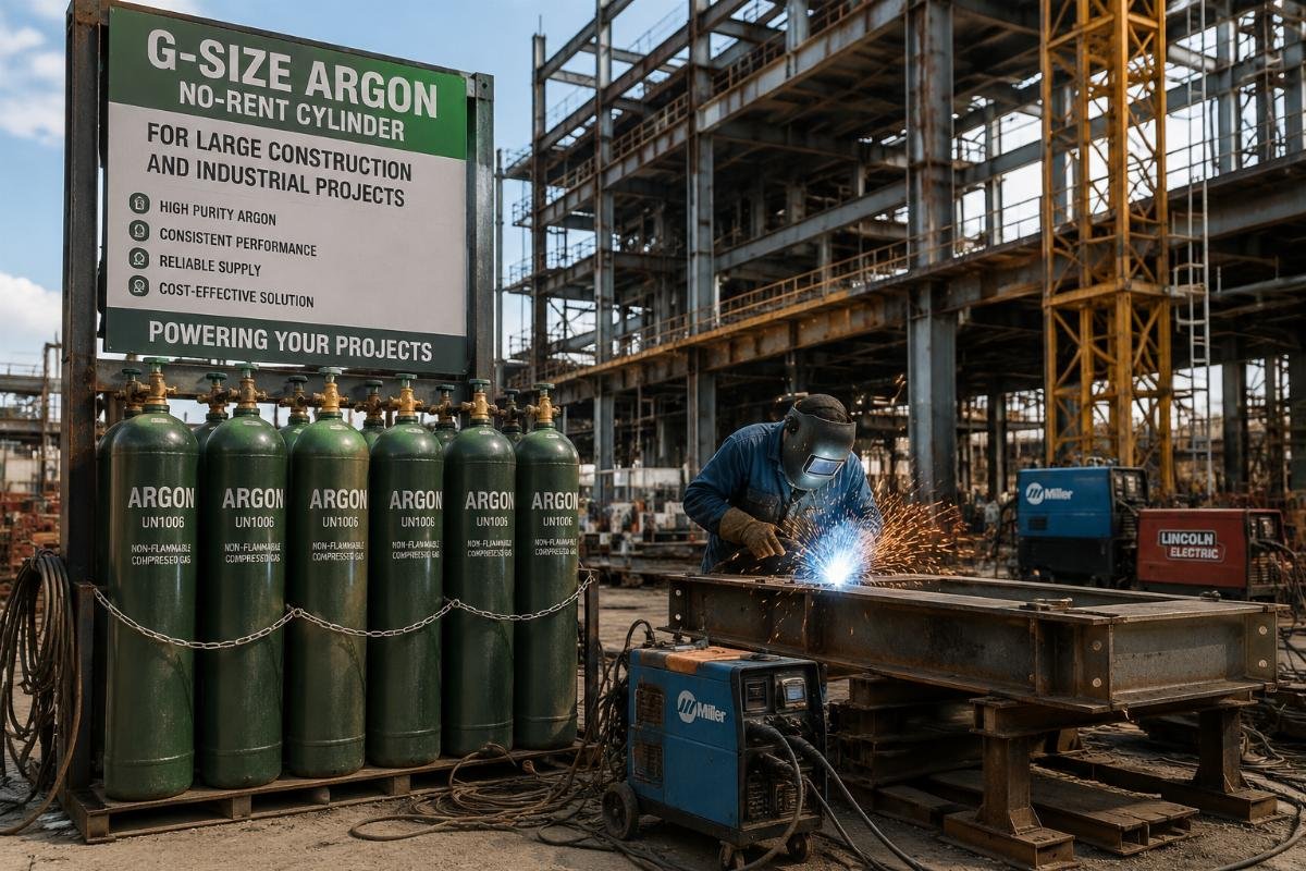 G-size no-rent argon bottles for large construction and industrial projects A construction site welding station with multiple G-size argon bottles lined up next to heavy fabrication equipment