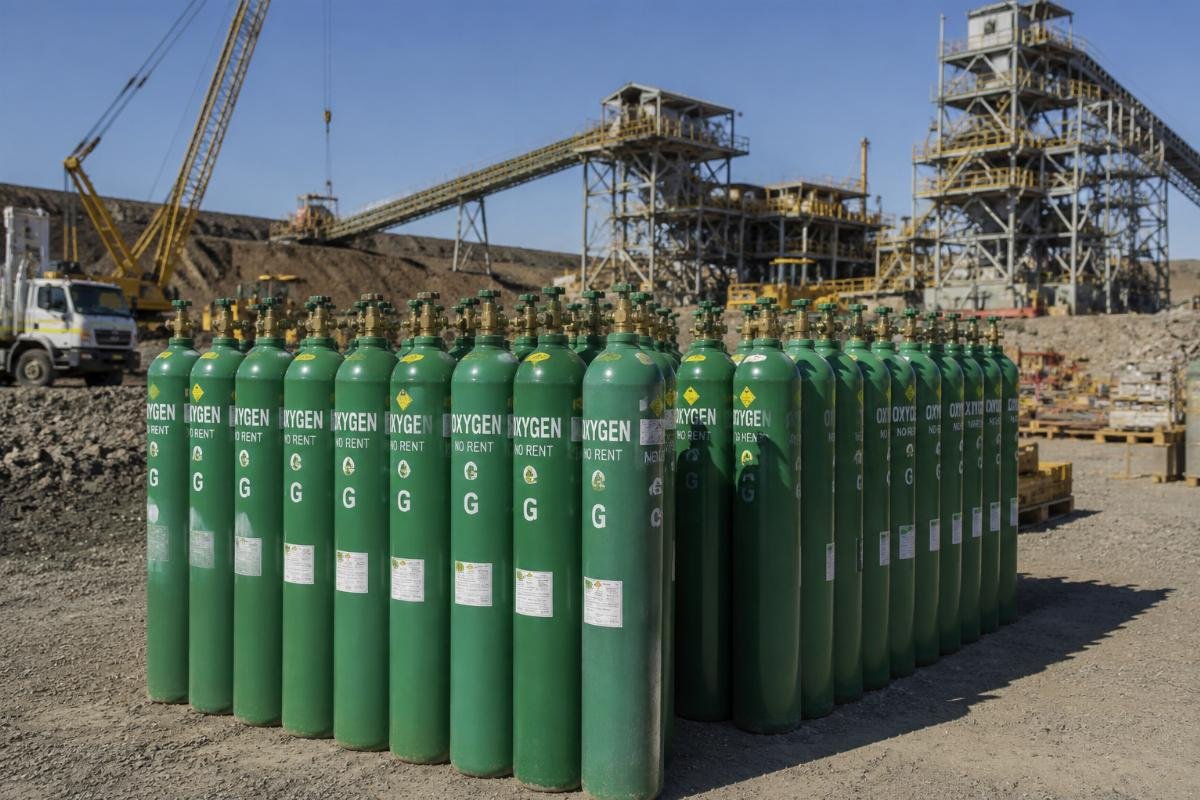 G size no rent oxygen cylinders for large industrial welding projects A stack of G size no-rent oxygen cylinders staged at a large mining infrastructure work site