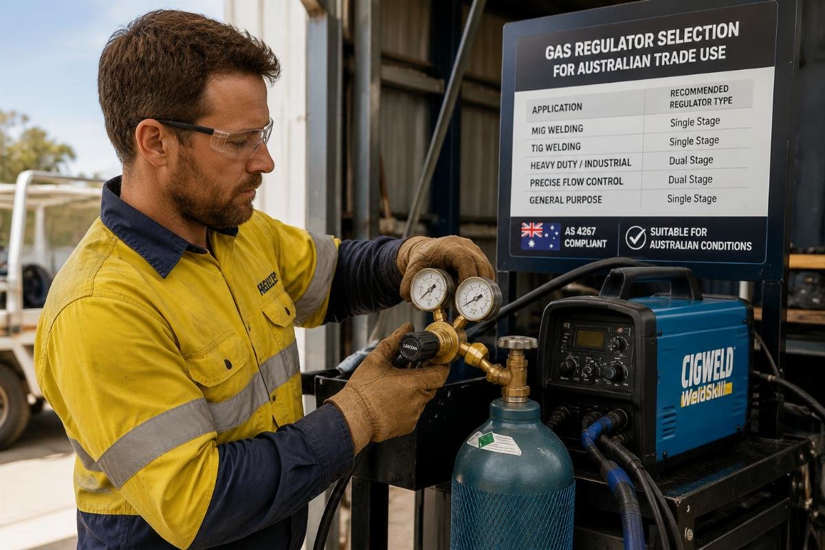 Australian tradesperson testing a gas regulator on a portable welding station