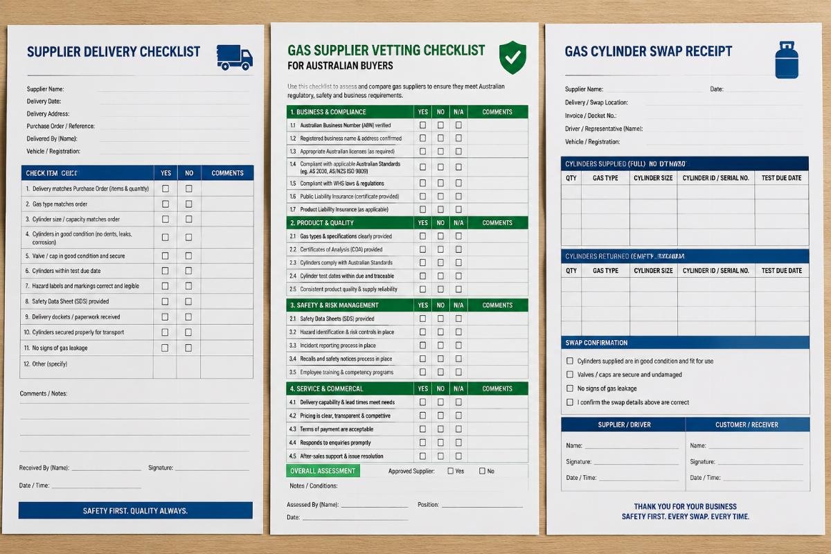 Gas supplier vetting checklist for Australian buyers Supplier delivery checklist document next to gas cylinder swap receipt