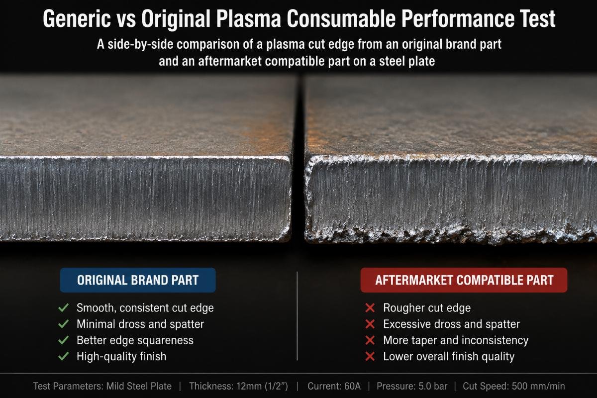 Generic vs original plasma consumable performance test A side-by-side comparison of a plasma cut edge from an original brand part and an aftermarket compatible part on a steel plate